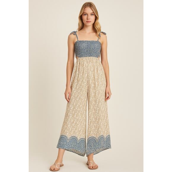 Free People Boho Smocked Wide-Leg Jumpsuit XS Blue Beige Floral Tie Straps - Picture 1 of 11